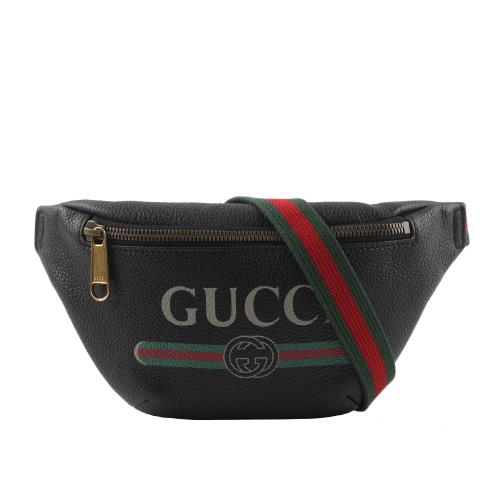 二手商品9成新_GUCCI 小牛皮 LOGO Print 紅綠織帶腰包(小)(黑色)