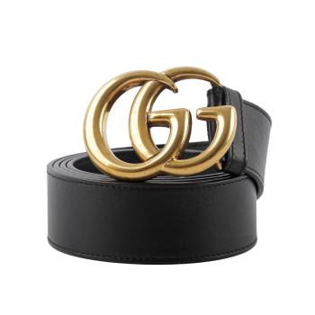 二手商品8.8成新 GUCCI 大雙G霧金Logo牛皮4CM寬皮帶110cm(黑色)