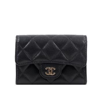CHANEL 金色CC Logo 粒紋牛皮翻蓋拉鍊卡片夾/卡包(黑色)