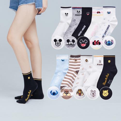 【ONEDER】迪士尼 史迪奇電繡長襪 小熊維尼 米奇米妮長襪 女中筒襪 刺繡襪 CD-A312  22~26cm-1雙組