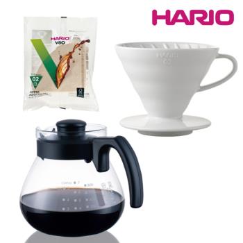 HARIO V60白色02磁石濾杯組合(玻璃壺+濾紙)