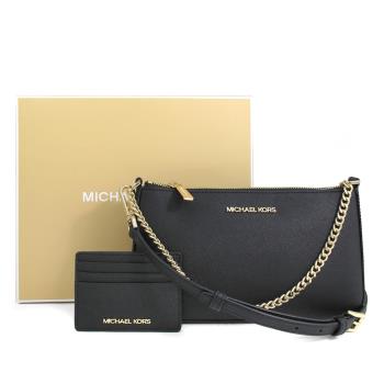 MICHAEL KORS 黑色防刮皮革斜揹包+卡夾禮盒組