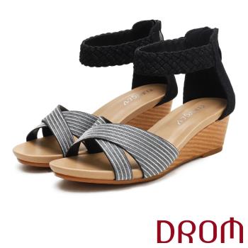 【DROM】交叉編織坡跟涼鞋/歐美時尚交叉編織繞踝造型坡跟涼鞋 女鞋 黑
