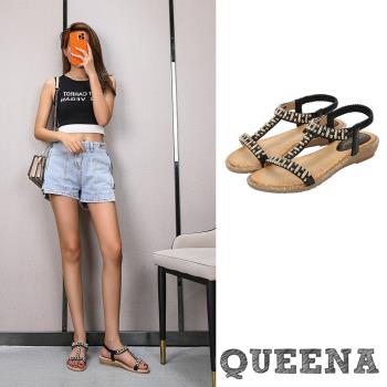 【QUEENA】復古美鑽編織坡跟涼鞋/波西米亞民族風復古美鑽編織工字造型坡跟涼鞋 女鞋 黑