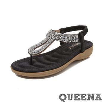 【QUEENA】水鑽夾腳坡跟涼鞋/華麗水鑽宮廷風夾腳坡跟涼鞋 女鞋 黑