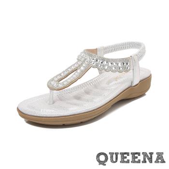 【QUEENA】水鑽夾腳坡跟涼鞋/華麗水鑽宮廷風夾腳坡跟涼鞋 女鞋 銀