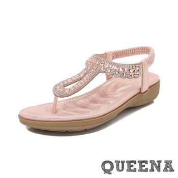 【QUEENA】水鑽夾腳坡跟涼鞋/華麗水鑽宮廷風夾腳坡跟涼鞋 女鞋 粉