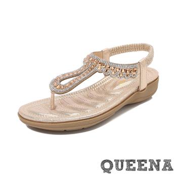 【QUEENA】水鑽夾腳坡跟涼鞋/華麗水鑽宮廷風夾腳坡跟涼鞋 女鞋 金