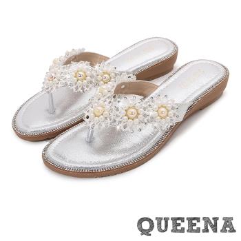 【QUEENA】珍珠蕾絲人字夾腳坡跟拖鞋/浪漫珍珠蕾絲花朵人字夾腳坡跟拖鞋 女鞋 銀