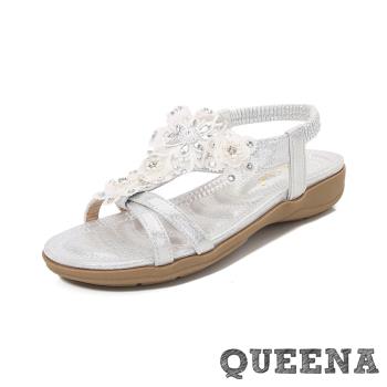 【QUEENA】蕾絲燙鑽交叉厚底涼鞋/浪漫華麗蕾絲花朵燙鑽交叉線條厚底涼鞋 女鞋 銀
