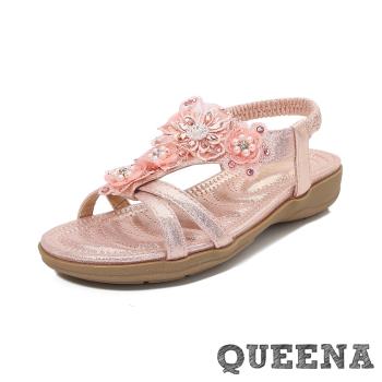 【QUEENA】蕾絲燙鑽交叉厚底涼鞋/浪漫華麗蕾絲花朵燙鑽交叉線條厚底涼鞋 女鞋 粉