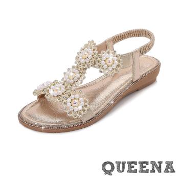 【QUEENA】蕾絲珍珠工字坡跟涼鞋/浪滿蕾絲珍珠花朵工字坡跟涼鞋 女鞋 金