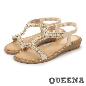 【QUEENA】美鑽編織X帶飾坡跟涼鞋/波西米亞民族風美鑽編織X帶飾造型坡跟涼鞋 女鞋 米