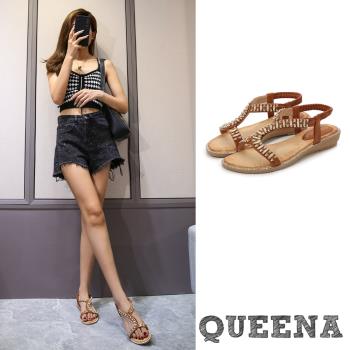 【QUEENA】美鑽編織X帶飾坡跟涼鞋/波西米亞民族風美鑽編織X帶飾造型坡跟涼鞋 女鞋 咖