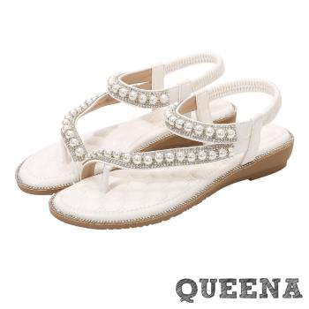【QUEENA】鑽帶珍珠夾腳坡跟厚底涼鞋/閃耀美鑽鑽帶珍珠夾腳坡跟厚底涼鞋 女鞋 白