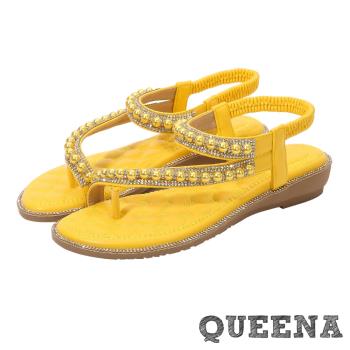 【QUEENA】鑽帶珍珠夾腳坡跟厚底涼鞋/閃耀美鑽鑽帶珍珠夾腳坡跟厚底涼鞋 女鞋 黃