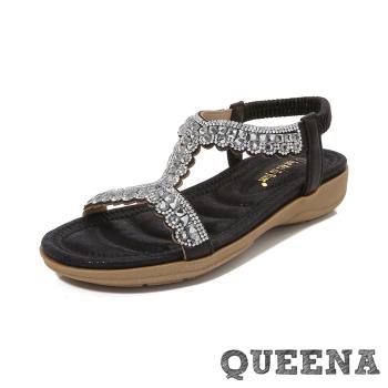 【QUEENA】美鑽工字坡跟厚底涼鞋/華麗美鑽拼接宮廷風優雅工字坡跟厚底涼鞋 女鞋 黑