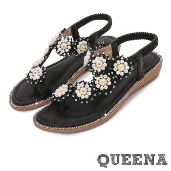【QUEENA】蕾絲珍珠夾腳坡跟涼鞋/浪漫蕾絲珍珠花朵夾腳7字造型坡跟涼鞋 女鞋 黑