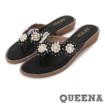 【QUEENA】珍珠蕾絲人字夾腳坡跟拖鞋/浪漫珍珠蕾絲花朵人字夾腳坡跟拖鞋 女鞋 黑