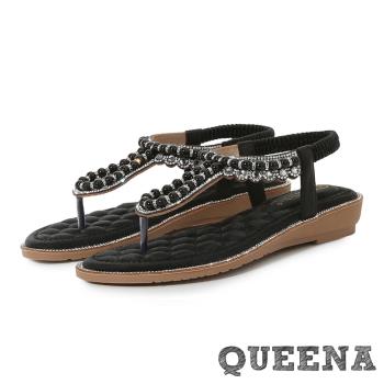 【QUEENA】珍珠燙鑽T字夾腳坡跟涼鞋/華麗珍珠蕾絲花邊燙鑽T字夾腳坡跟涼鞋 女鞋 黑