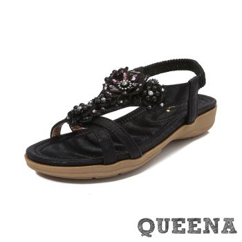 【QUEENA】蕾絲燙鑽交叉厚底涼鞋/浪漫華麗蕾絲花朵燙鑽交叉線條厚底涼鞋 女鞋 黑