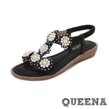 【QUEENA】蕾絲珍珠工字坡跟涼鞋/浪滿蕾絲珍珠花朵工字坡跟涼鞋 女鞋 黑