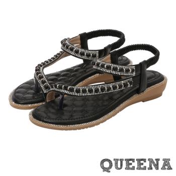 【QUEENA】鑽帶珍珠夾腳坡跟厚底涼鞋/閃耀美鑽鑽帶珍珠夾腳坡跟厚底涼鞋 女鞋 黑