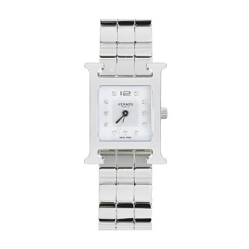 Hermes 愛馬仕 Heure H 鑲鑽白色珍珠母貝錶盤精鋼腕錶女仕腕錶(銀/21mm)