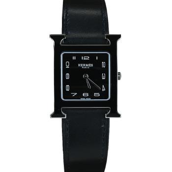 Hermes 愛馬仕 Heure H小牛皮全黑琺瑯框石英女仕腕錶(黑/26mm)