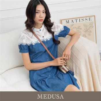 現貨【MEDUSA 曼度莎】蕾絲拼接牛仔小洋裝（M-XL）｜短洋裝 牛仔洋裝 休閒洋裝