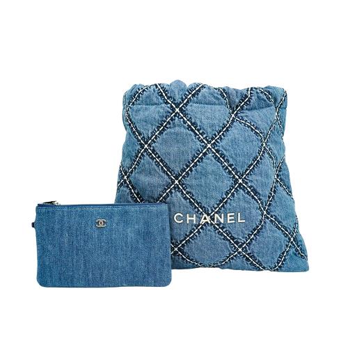 Chanel 22 銀logo菱格紋單寧牛仔肩背包-中(AS3261-藍)