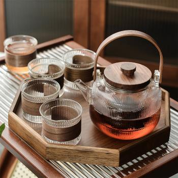家用耐高溫玻璃茶壺 花茶壺提樑壺 帶託盤煮茶水壺泡茶壺 煮茶器套裝 可電陶爐加熱1500ml