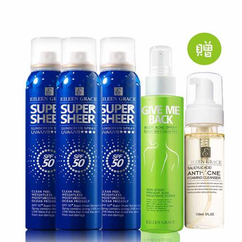 妍霓絲SPF50清爽沁涼防曬噴霧180mlx3+水楊酸抗痘無痕美體噴霧150mlx1+贈水楊酸淨痘洗顏慕斯150ml