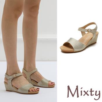 【MIXTY】金屬亮皮魚口坡跟涼鞋/歐美復古金屬亮皮拼接魚口露趾坡跟涼鞋 女鞋 金