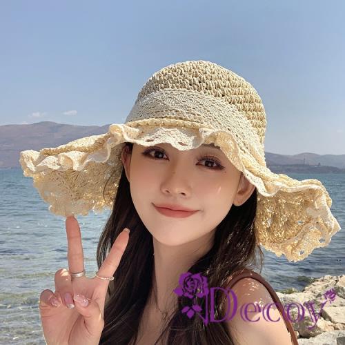 【Decoy】法式浪漫*夏季蕾絲防曬遮陽編織草帽/淺米