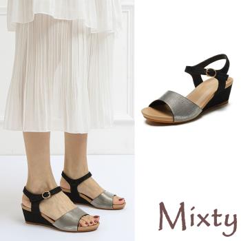 【MIXTY】金屬亮皮魚口坡跟涼鞋/歐美復古金屬亮皮拼接魚口露趾坡跟涼鞋 女鞋 黑