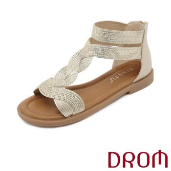【DROM】金屬亮皮曲線工字低跟涼鞋/歐美時尚金屬亮皮復古曲線工字設計低跟涼鞋 女鞋 金