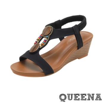 【QUEENA】木釦彩珠坡跟羅馬涼鞋/波西米亞民族風木釦彩珠幾何造型坡跟羅馬涼鞋 女鞋 黑
