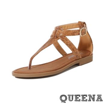 【QUEENA】歐美蛇紋皮革T字帶低跟涼鞋/時尚歐美極簡蛇紋皮革T字帶造型低跟涼鞋 女鞋 棕