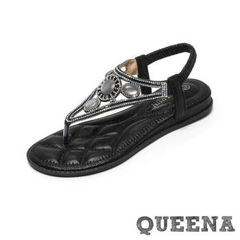 【QUEENA】寶石縷空美鑽夾腳平底涼鞋/復古華麗寶石縷空美鑽鑲嵌夾腳平底涼鞋 女鞋 黑