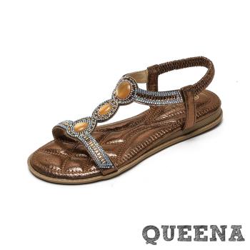 【QUEENA】璀璨大寶石美鑽工字平底涼鞋/波西米亞民族風璀璨華麗大寶石美鑽工字平底涼鞋 女鞋 棕