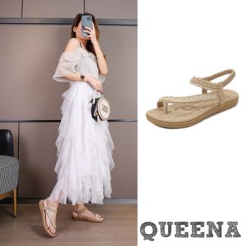 【QUEENA】寶石編織Z字夾腳平底涼鞋/波西米亞民族風閃耀寶石編織Z字夾腳平底涼鞋 女鞋 杏