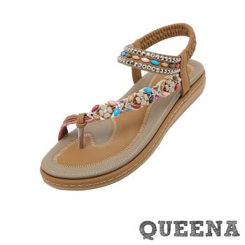 【QUEENA】彩色寶石繞趾涼鞋/繽紛彩色寶石鑲嵌民族風繞趾百搭涼鞋 女鞋 棕