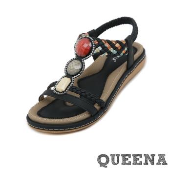 【QUEENA】彩色寶石編織涼鞋/彩色大寶石繽紛編織工字設計民族風涼鞋 女鞋 黑