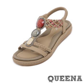 【QUEENA】彩色寶石編織涼鞋/彩色大寶石繽紛編織工字設計民族風涼鞋 女鞋 杏