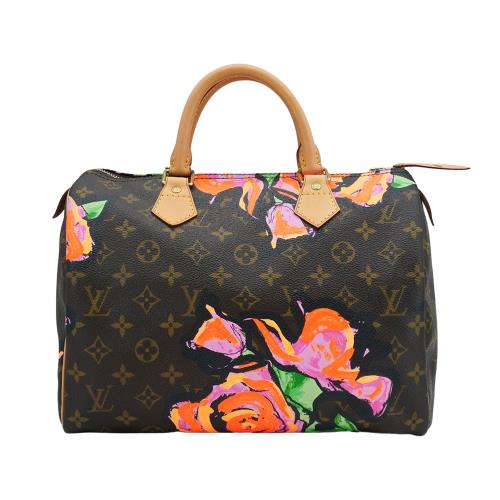 二手品 Louis Vuitton Speedy 30 帆布玫瑰塗鴉手提波士頓包(M48610-咖)