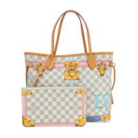 二手品 Louis Vuitton Neverfull MM Damier Azur 棋盤白格夏季徽章帆布托特包(N41065-米白)