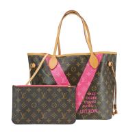 二手品 Louis Vuitton  Neverfull MM 帆布螢光粉V托特包(M41602-咖)