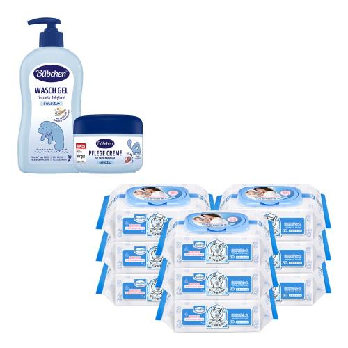 【貝恩】保養柔濕巾80抽*9包+【貝臣】保濕洗髮沐浴露400ml+雪花膏75ml