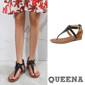 【QUEENA】歐美蛇紋皮革T字帶低跟涼鞋/時尚歐美極簡蛇紋皮革T字帶造型低跟涼鞋 女鞋 黑